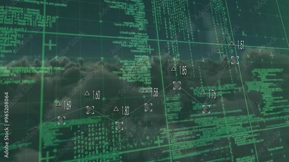 Poster animation of data processing and network of connections over sky with clouds