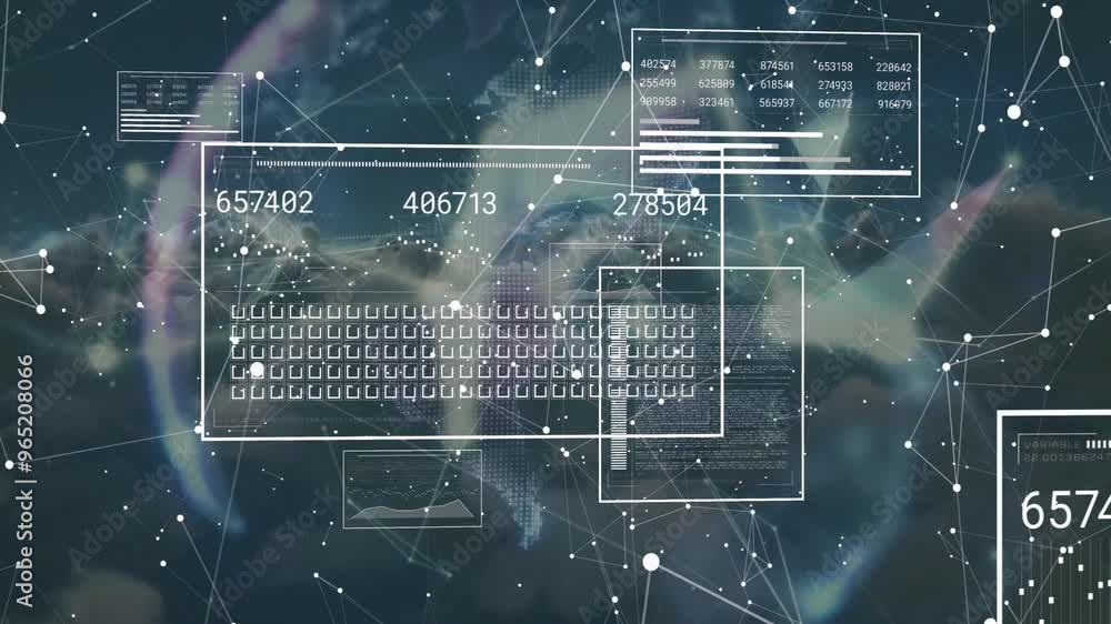 Poster animation of data processing and network of connections with globe over sky with clouds