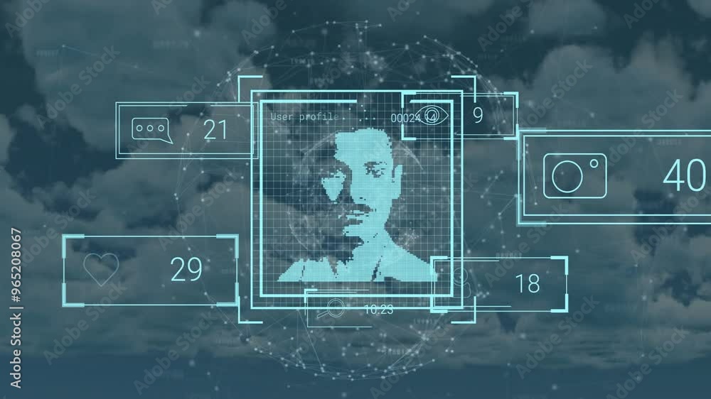 Poster animation of data processing with portraits and globe of connections over sky with clouds