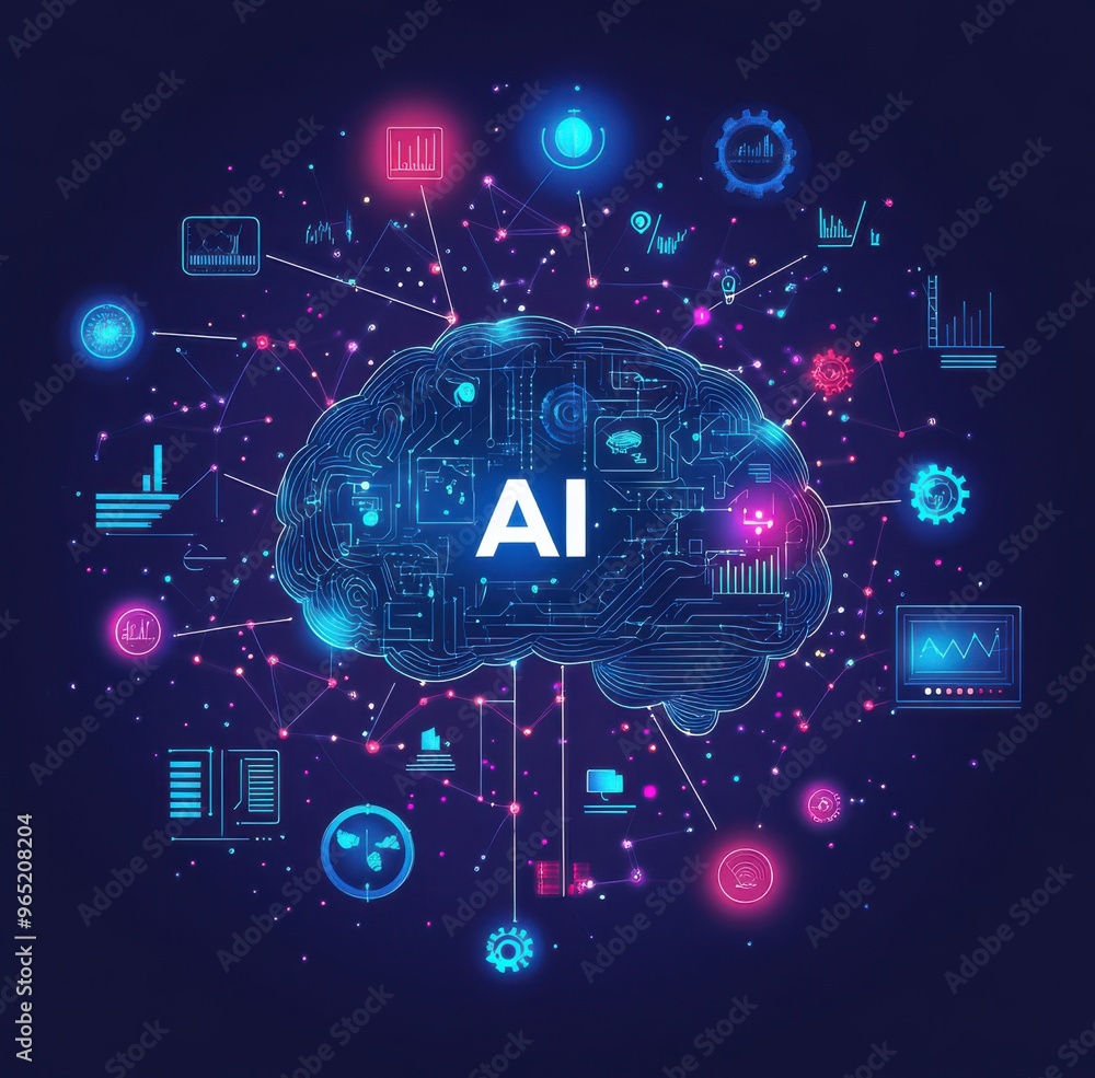 Poster digital illustration of an ai brain surrounded by technology icons and data graphs depicting artific