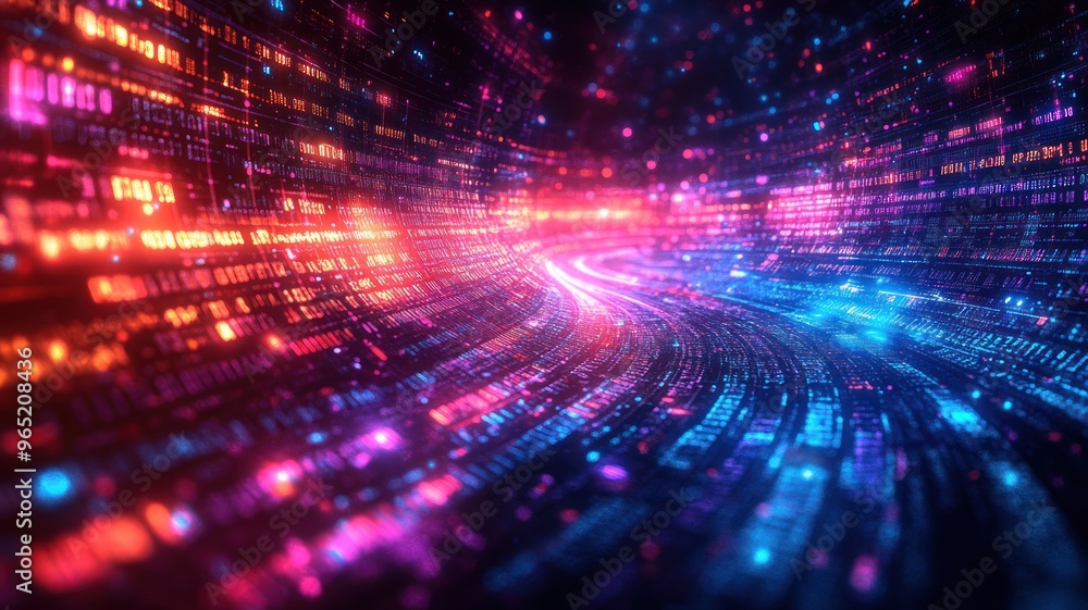 Poster abstract digital landscape with glowing data streams and colors.