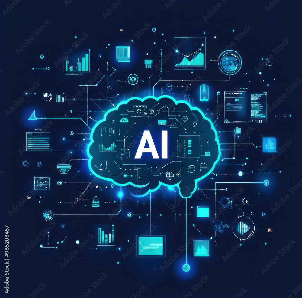 Poster digital illustration of ai brain surrounded by technology connections depicting artificial intellige