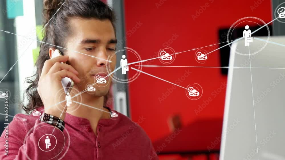 Aufkleber animation of network of connections with icons over biracial man using smartphone