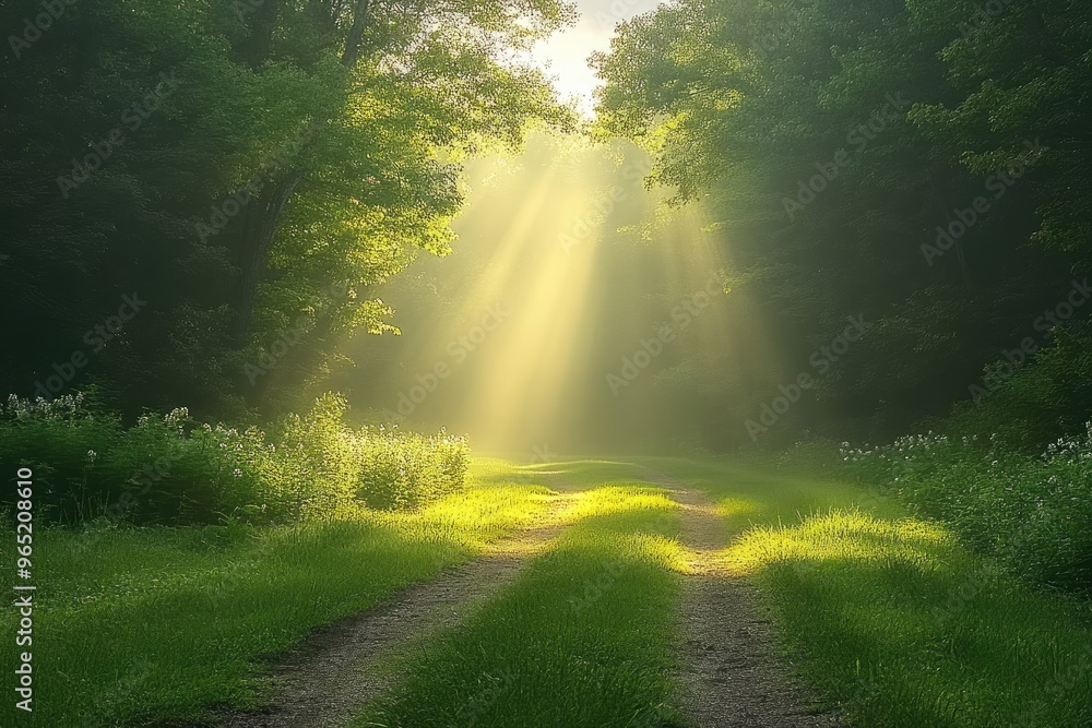 Poster sunbeams illuminate a path through lush green forest. this image can be used to represent hope, guid