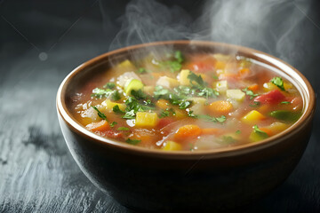 Organic vegetable soup, steaming hot in a bowl, 3D illustration