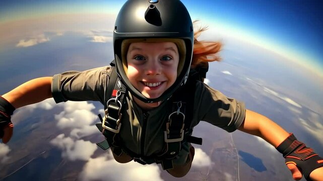 Thrilling skydiving experience captured of a little boy in free fall, showcasing the beauty of extreme sports