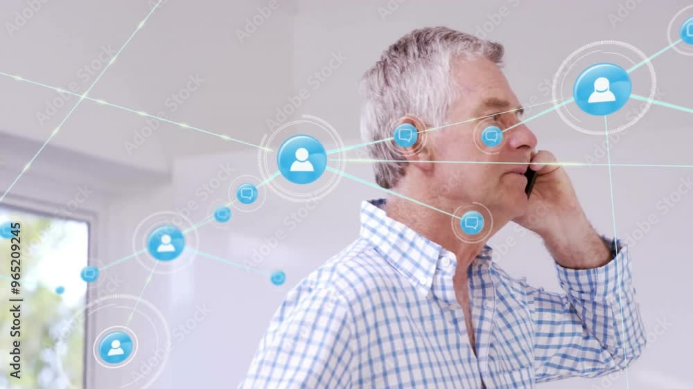 Poster animation of network of connections with icons over senior caucasian man using smartphone