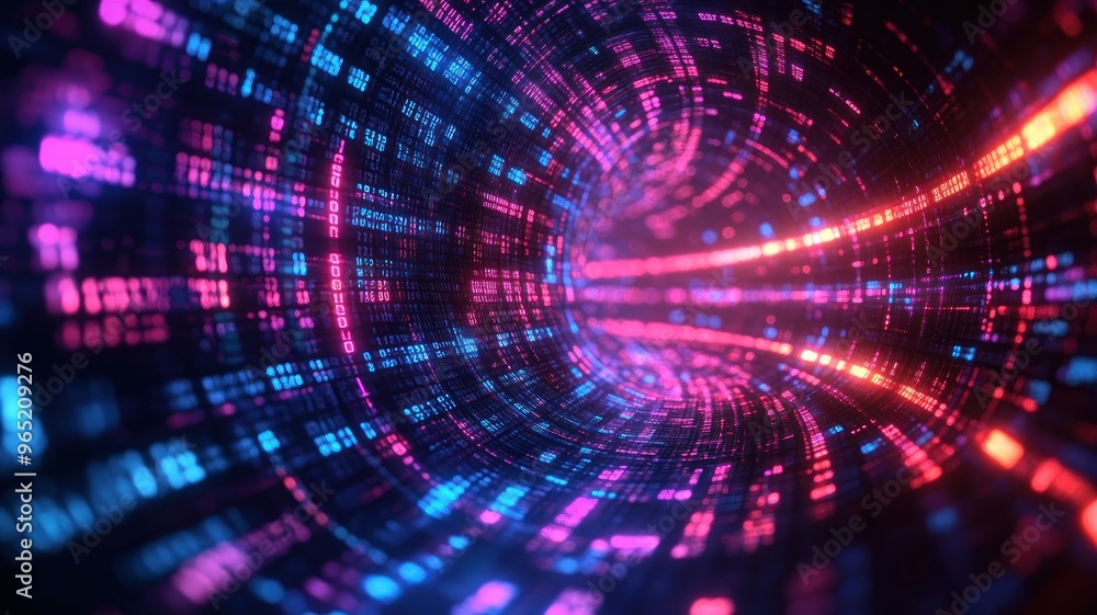 Poster abstract digital tunnel with vibrant light patterns and data flow.