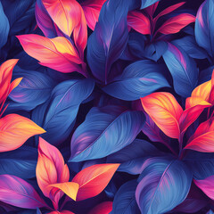 A lush plant with blue, pink and yellow leaves. Seamless floral pattern. The painting was created in a bright and wonderful mood, and the colors, mixing, create a feeling of harmony and balance