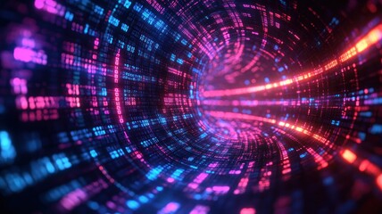Obraz premium Abstract digital tunnel with vibrant light patterns and data flow.