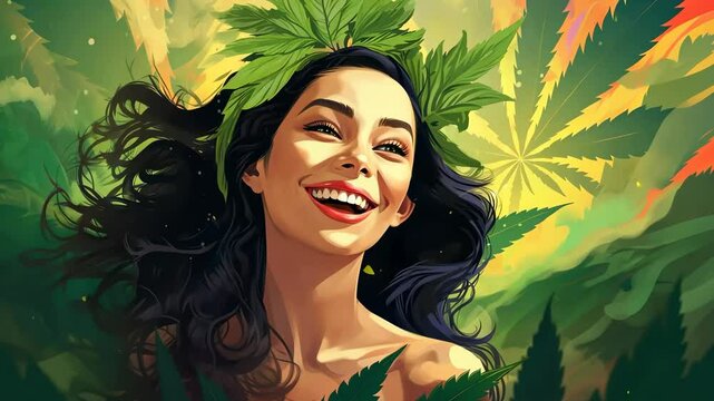 Vibrant illustration of a smiling Latina woman with a beautiful face smoking ganja weed.