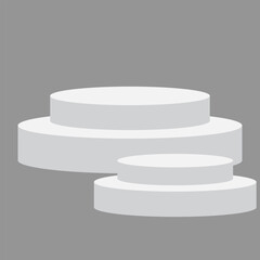 Empty white round podium, modern pedestal and platform, stand stage, cylinder, round empty stages and podium stairs 3d template for product presentation, awards. Isolated on gray background. EPS 10