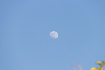 A serene view of the moon against a clear blue sky, creating a calming and tranquil atmosphere perfect for nature lovers.