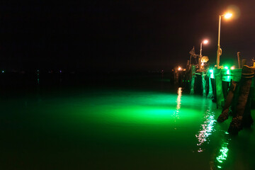 A serene night scene of a pier illuminated by soft green lights reflecting on calm water.