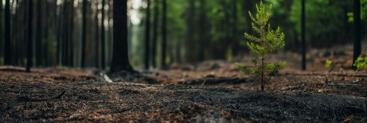 A small pine tree stands resilient amidst the scorched earth of a forest, symbolizing rebirth and nature's resilience.