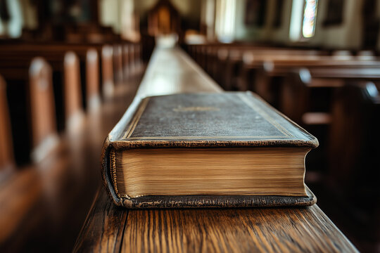 Bible resting wooden pew church showcasing the front cover natural light