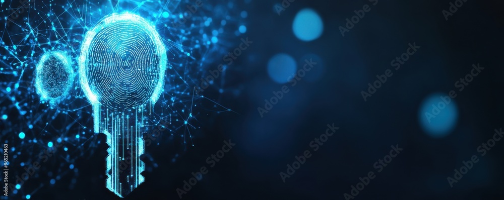 Poster digital blue background with the silhouette of a security key featuring glowing fingerprint patterns