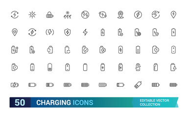 Charging and battery icon collections. Set of icons for charging technology, charging connection, recycling, energy and more, Outline icon collection. Editable stroke icons.