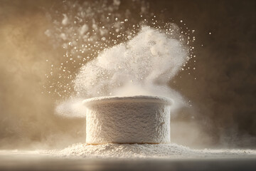 A 3D baker’s hat with floating flour and soft lighting, symbolizing the art of baking