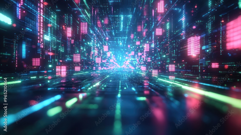 Poster a vibrant digital tunnel with glowing lights and data streams.