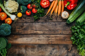 A flat lay of assorted vegetables on a rustic wooden table, with a clear area for text