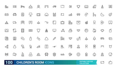 Children’s Room line icons set. linear style symbols collection, line signs pack. Set includes icons as childrens chair. Outline icon collection. Editable stroke.