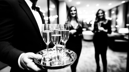 Champagne Dreams: A waiter in crisp black tie attire presents a tray of sparkling champagne flutes, capturing the essence of luxury and celebration at a sophisticated evening soiree.