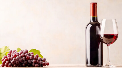 Red Wine Still Life: A classic still life composition featuring a bottle of red wine, a full glass, and a bunch of red grapes. The image evokes a sense of sophistication, enjoyment, and indulgence.