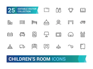 Children’s Room line icons set. linear style symbols collection, line signs pack. Set includes icons as childrens chair. Outline icon collection. Editable stroke.