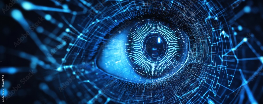 Poster digital eye with blue and black binary code representing technology, data, and artificial intelligen