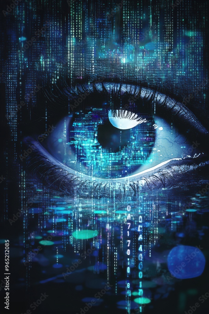 Poster digital eye with binary code reflecting on water surface, representing surveillance technology and f