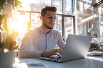 Fototapeta premium High-resolution brightly lit photorealistic candid photograph of a young marketer focused on his laptop in a bright, airy office with a joyful ambiance. The photograph is styled like a high-end