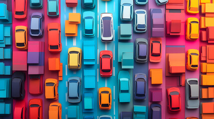 A busy Bangkok city street, packed with cars in a traffic jam, vivid colors and minimal paper cut craft style,.vibrant paper cut craft buildings, cars lined up, all in a minimal and colorful aesthetic