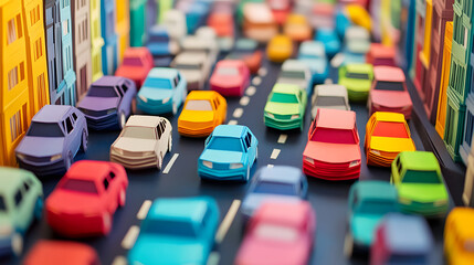 A busy Bangkok city street, packed with cars in a traffic jam, vivid colors and minimal paper cut craft style,.vibrant paper cut craft buildings, cars lined up, all in a minimal and colorful aesthetic