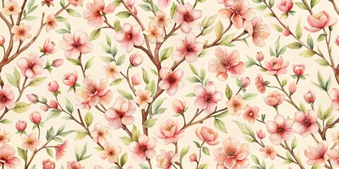 Watercolor Pink Flowers Blossom Branch Seamless Pattern, watercolor, floral , spring , nature