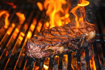 Juicy beef steak grilling with flames licking the edges