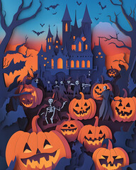 Fototapeta premium Fantasy Halloween celebration with spooky pumpkins, a range of costumed characters, a castle, and decorations ghosts, witches, and skeletons, with a clear copy space.paper cut craft style.