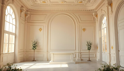 Fototapeta premium Ornate White Room with Arched Windows and a White Altar