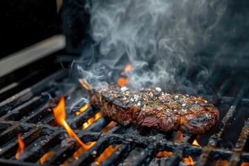 Succulent steak grilling over open flames, smoky scene