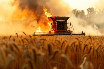 Fototapeta premium A combine harvester burns in a wheat field on a hot summer day