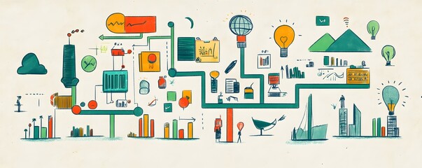 Obraz premium Abstract Illustration of a Complex Business System with Ideas, Data, and Growth