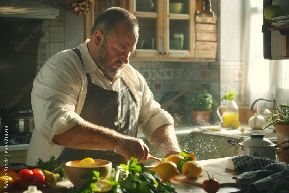 Wall mural a fat man preparing a fresh vegetable salad in a sunlit kitchen, squeezing lemon juice