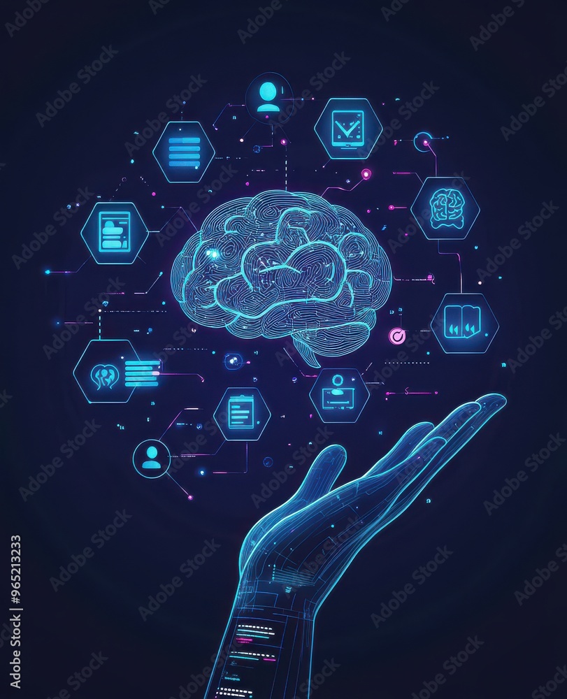 Poster digital hand presenting holographic icons representing artificial intelligence and technology advanc
