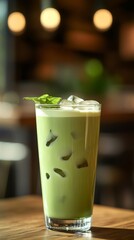 Iced matcha latte with mint leaf in a cafe setting, refreshing beverage concept