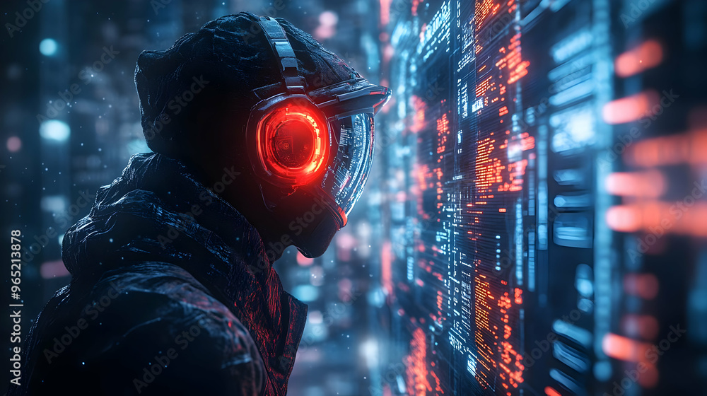 Poster digital illustration of a futuristic hacker decoding code on a luminous screen