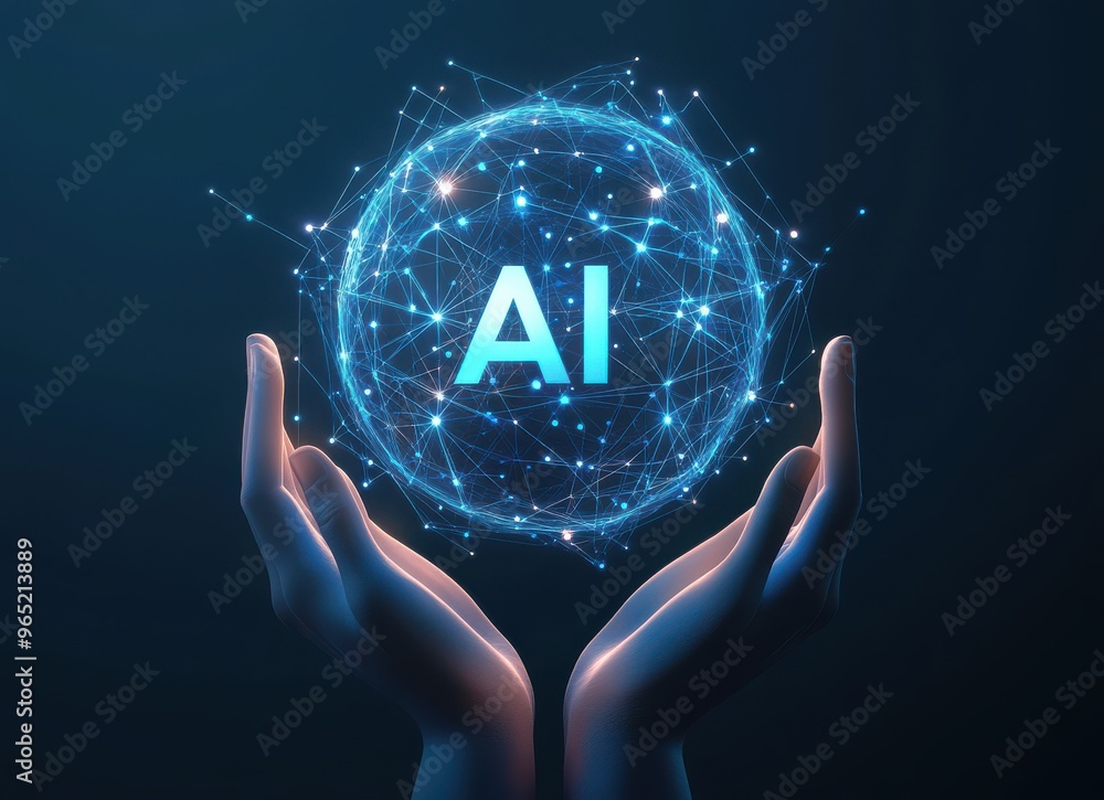 Poster digital illustration of ai concept with glowing network sphere held by hands, symbolizing technology