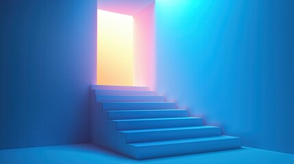 Obraz premium A blue staircase with a light shining through the doorway. The light creates a sense of depth and dimension in the image
