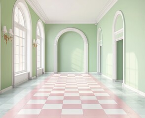Pastel-themed empty hall with pink and white floor, green walls.