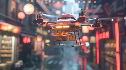 Innovative drone for food delivery. 3D imagery highlights advanced technology and realistic food packaging, with ample space for promotional messages.

