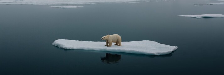 Fototapeta premium A lone polar bear stands on a melting iceberg surrounded by dark water, symbolizing climate change and habitat loss.